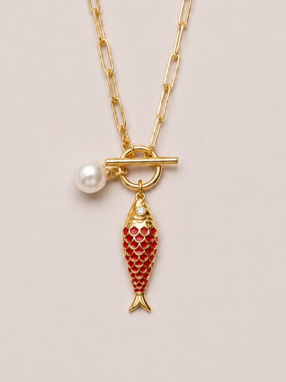 New! 18K Gold Plated Red Fish Pearl Toggle Necklace NWOT 1057